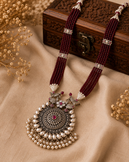 Maroon Beaded Oxidised Pearl Statement Necklace