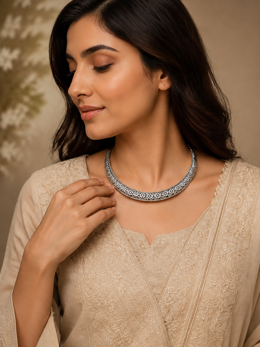 Rajwadi Bloom Oxidised Silver Hansli Necklace