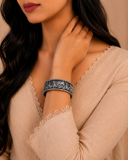 Royal Elephant Oxidised Silver Cuff Bangle