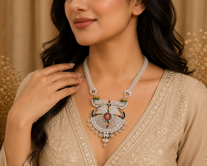 Traditional Silver Look Meenakari Pendant Necklace