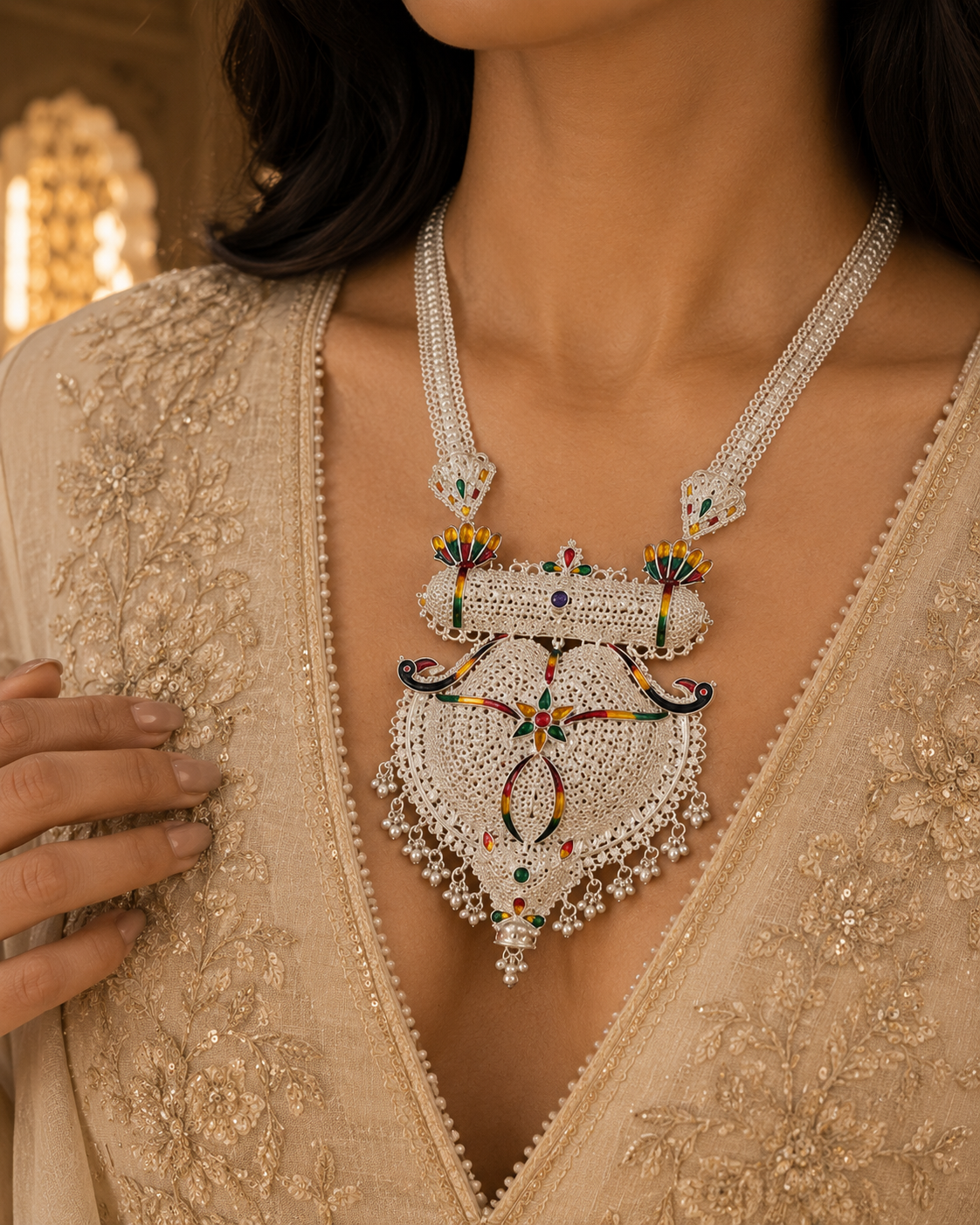 Traditional Silver Look Meenakari Filigree Statement Necklace