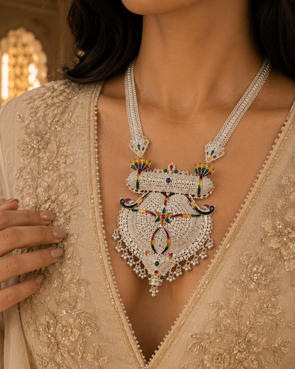 Traditional Silver Look Meenakari Filigree Statement Necklace