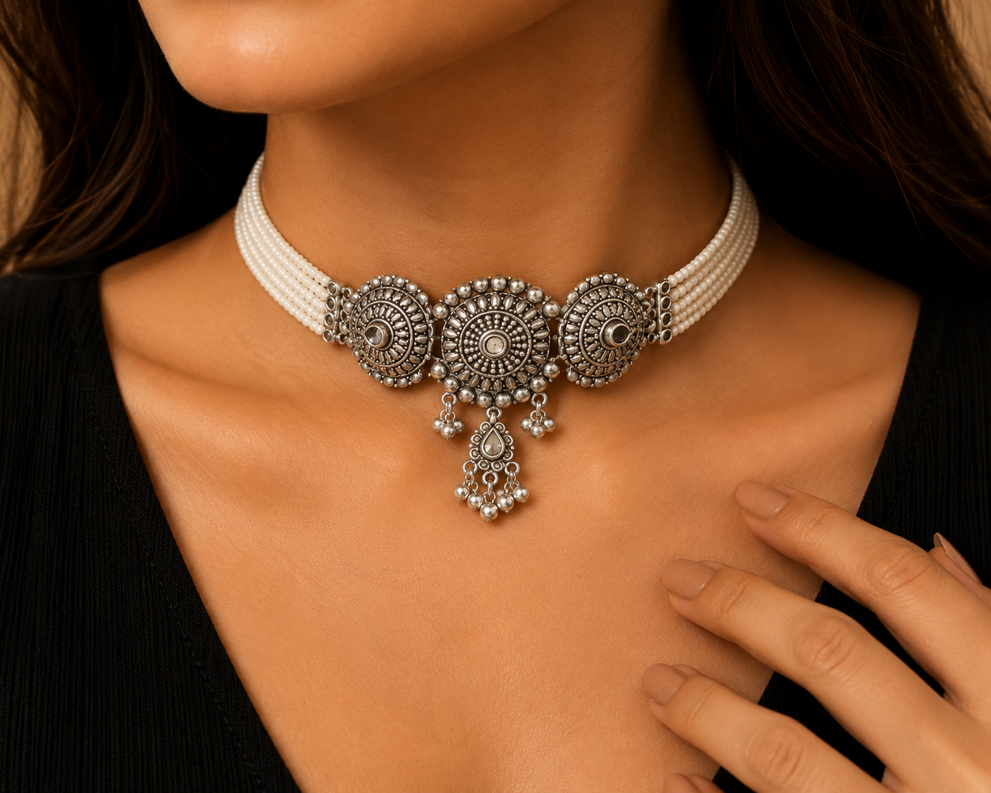 Oxidised Silver Pearl Beaded Choker Set