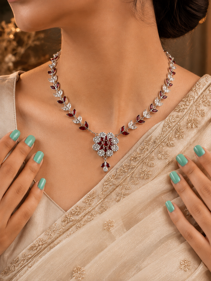 Ruby Leaf Floral Silver Necklace