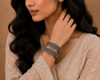 Oxidised Silver Geometric Pattern Bangle Set