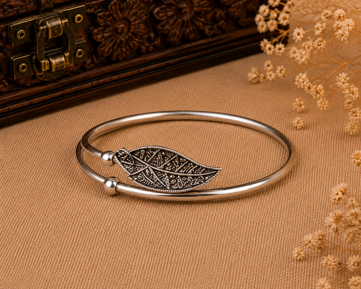 Oxidised Silver Leaf Design Open Cuff Bracelet