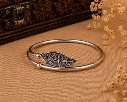 Oxidised Silver Leaf Design Open Cuff Bracelet