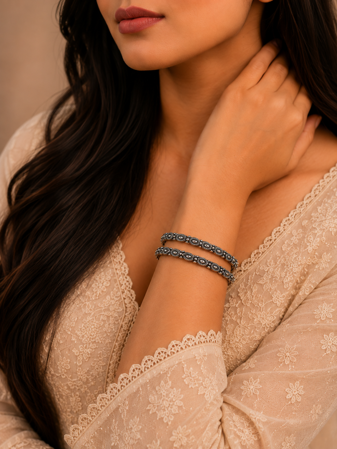 Midnight Bloom Oxidised Silver Bangles