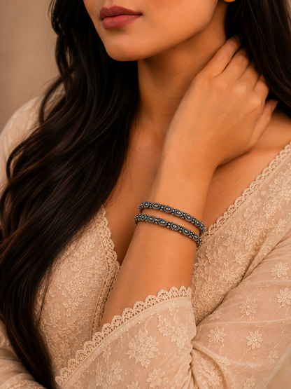 Midnight Bloom Oxidised Silver Bangles