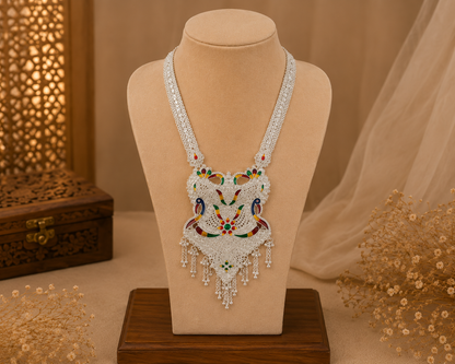 Traditional Silver Look Peacock Meenakari Filigree Necklace
