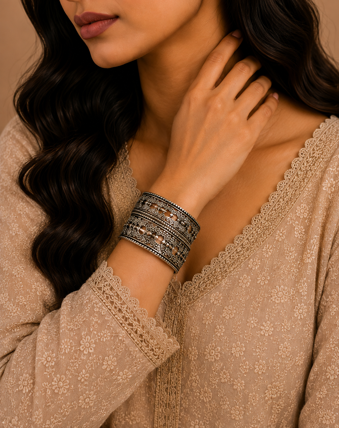 Antique Oxidised Floral Statement Cuff Bracelet