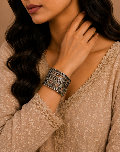 Antique Oxidised Floral Statement Cuff Bracelet