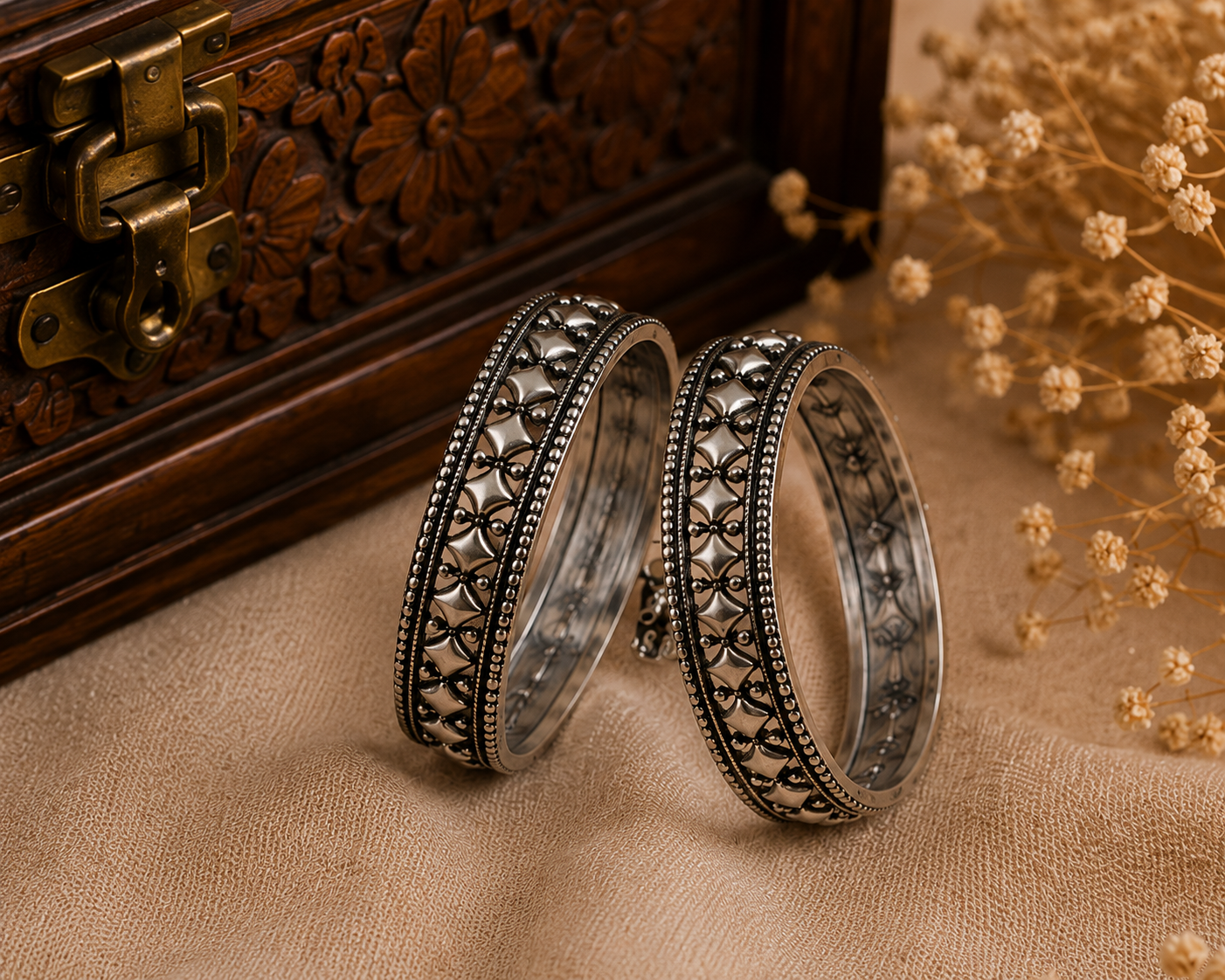 Antique Silver Oxidised Heritage Bangle Set
