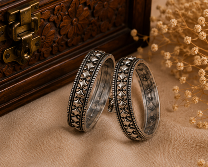 Antique Silver Oxidised Heritage Bangle Set