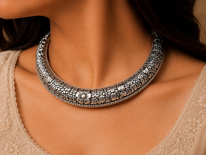 Antique Silver Floral Hansli Necklace