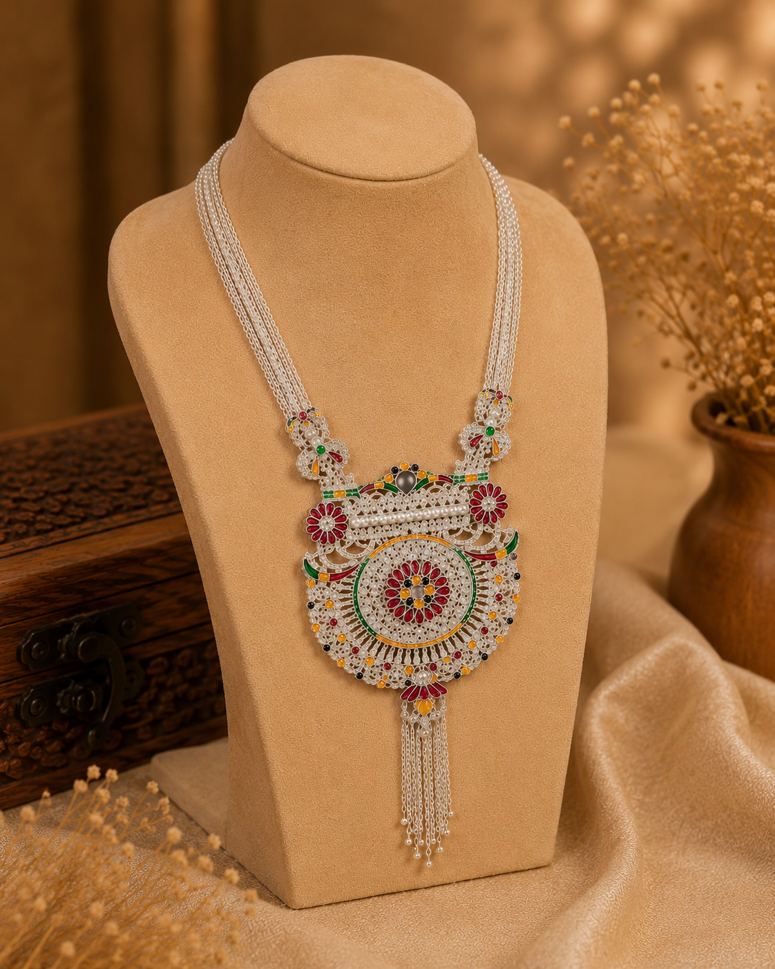 Traditional Silver Look Meenakari Circular Pendant Necklace
