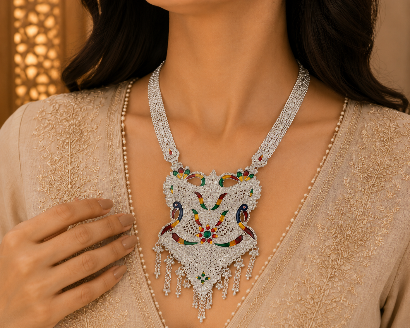 Traditional Silver Look Peacock Meenakari Filigree Necklace