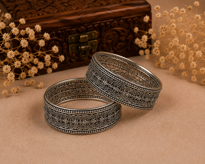 Oxidised Silver Geometric Heritage Bangles