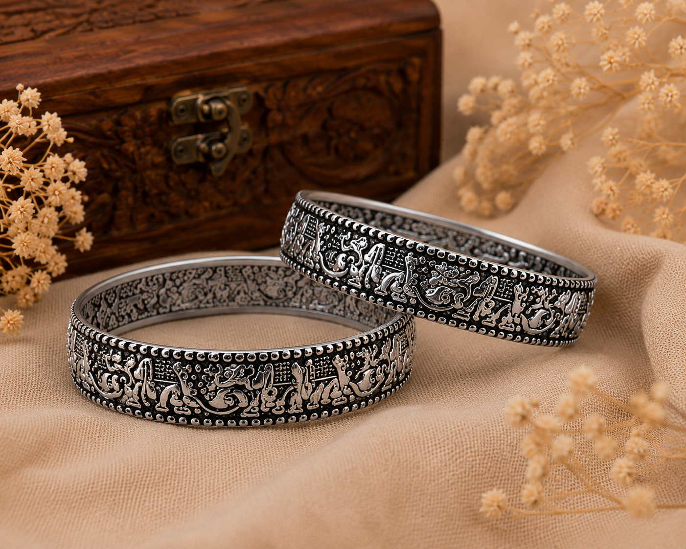 Royal Elephant Oxidised Silver Cuff Bangle
