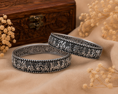 Royal Elephant Oxidised Silver Cuff Bangle