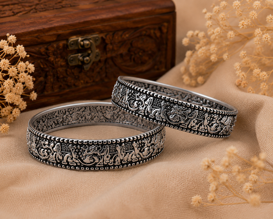 Royal Elephant Oxidised Silver Cuff Bangle