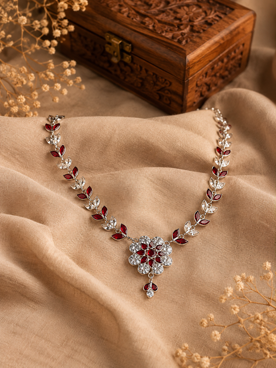 Ruby Leaf Floral Silver Necklace