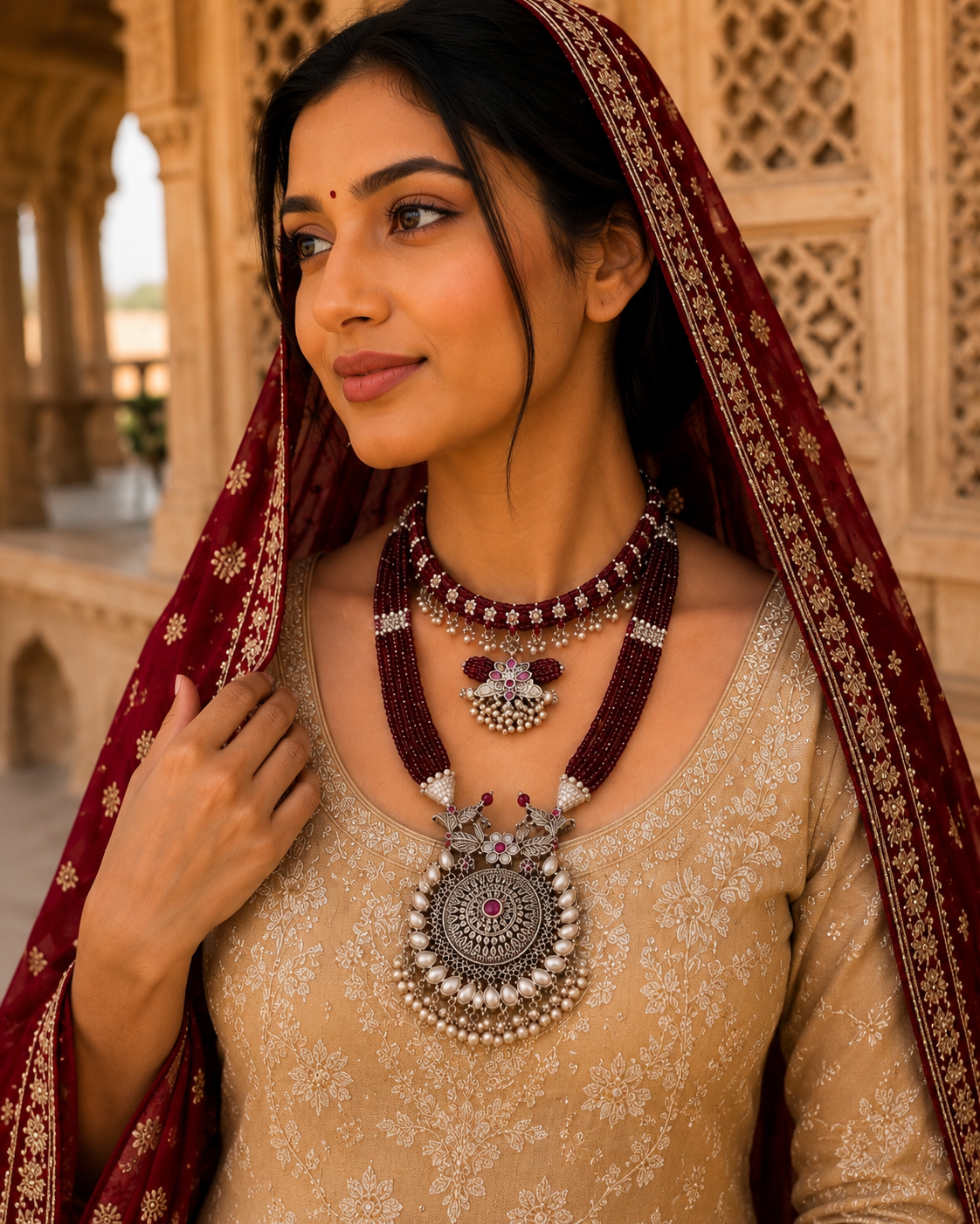 Maroon Beaded Oxidised Pearl Statement Necklace