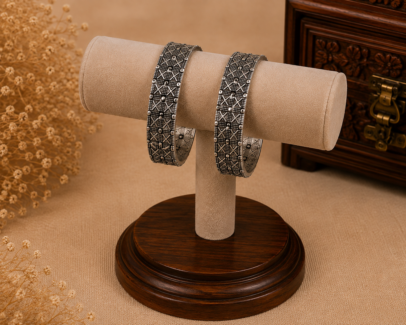 Oxidised Silver Geometric Pattern Bangle Set