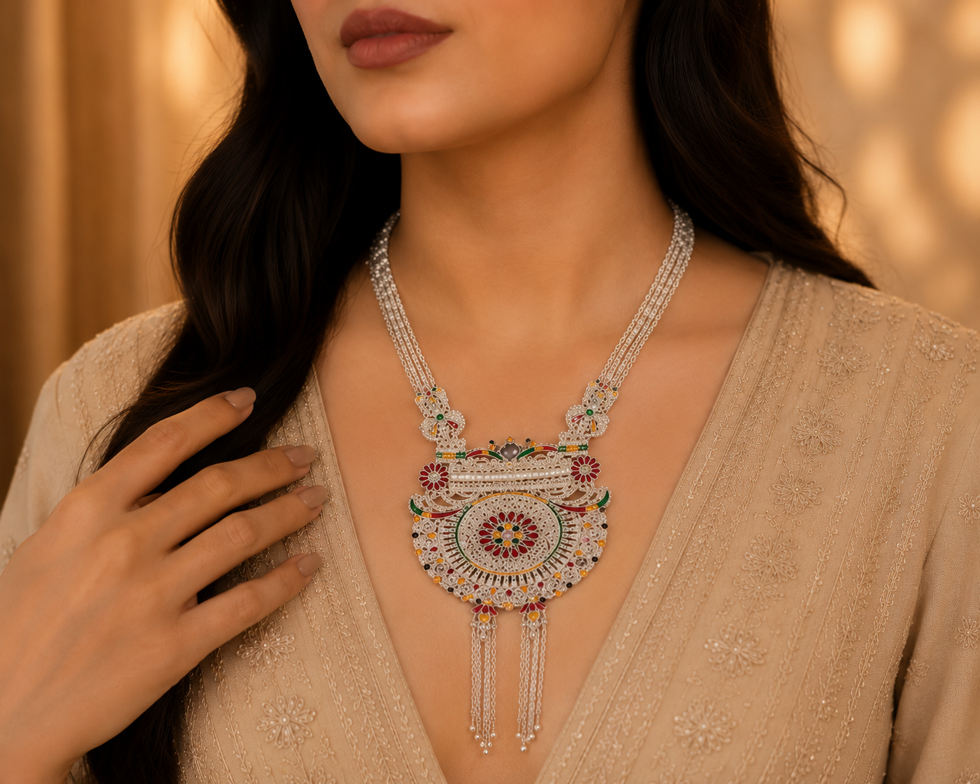 Traditional Silver Look Meenakari Circular Pendant Necklace