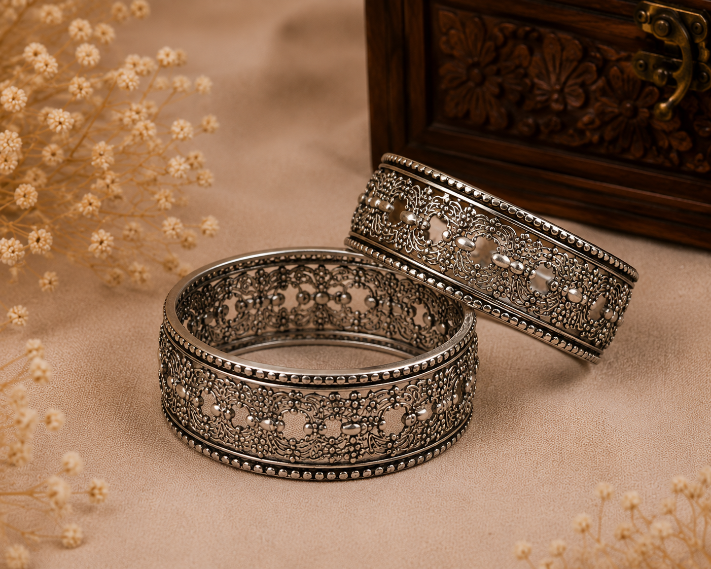 Antique Oxidised Floral Statement Cuff Bracelet