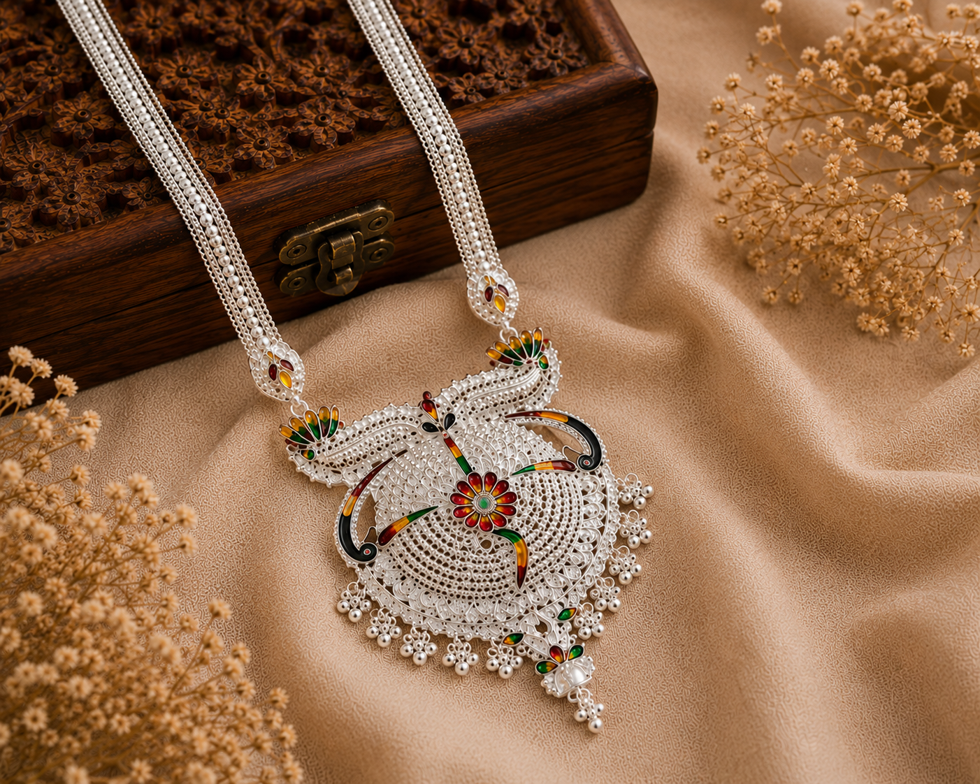 Traditional Silver Look Meenakari Pendant Necklace