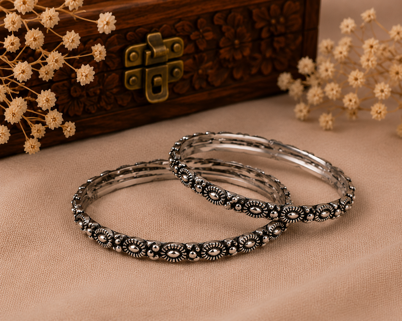 Midnight Bloom Oxidised Silver Bangles