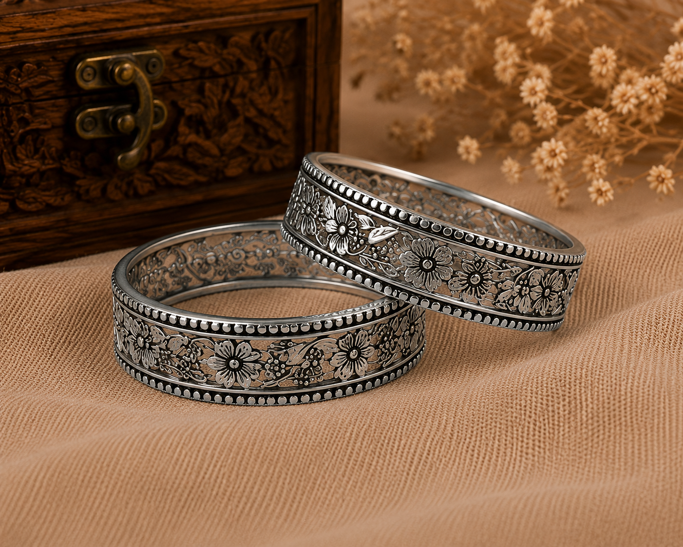 Vintage Floral Oxidised Silver Bangles