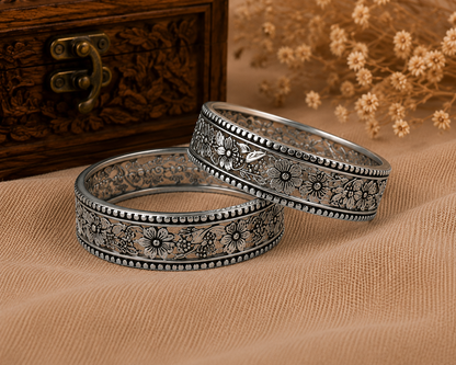 Vintage Floral Oxidised Silver Bangles