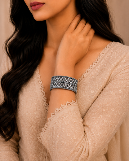 Oxidised Silver Textured Wide Cuff Bracelet