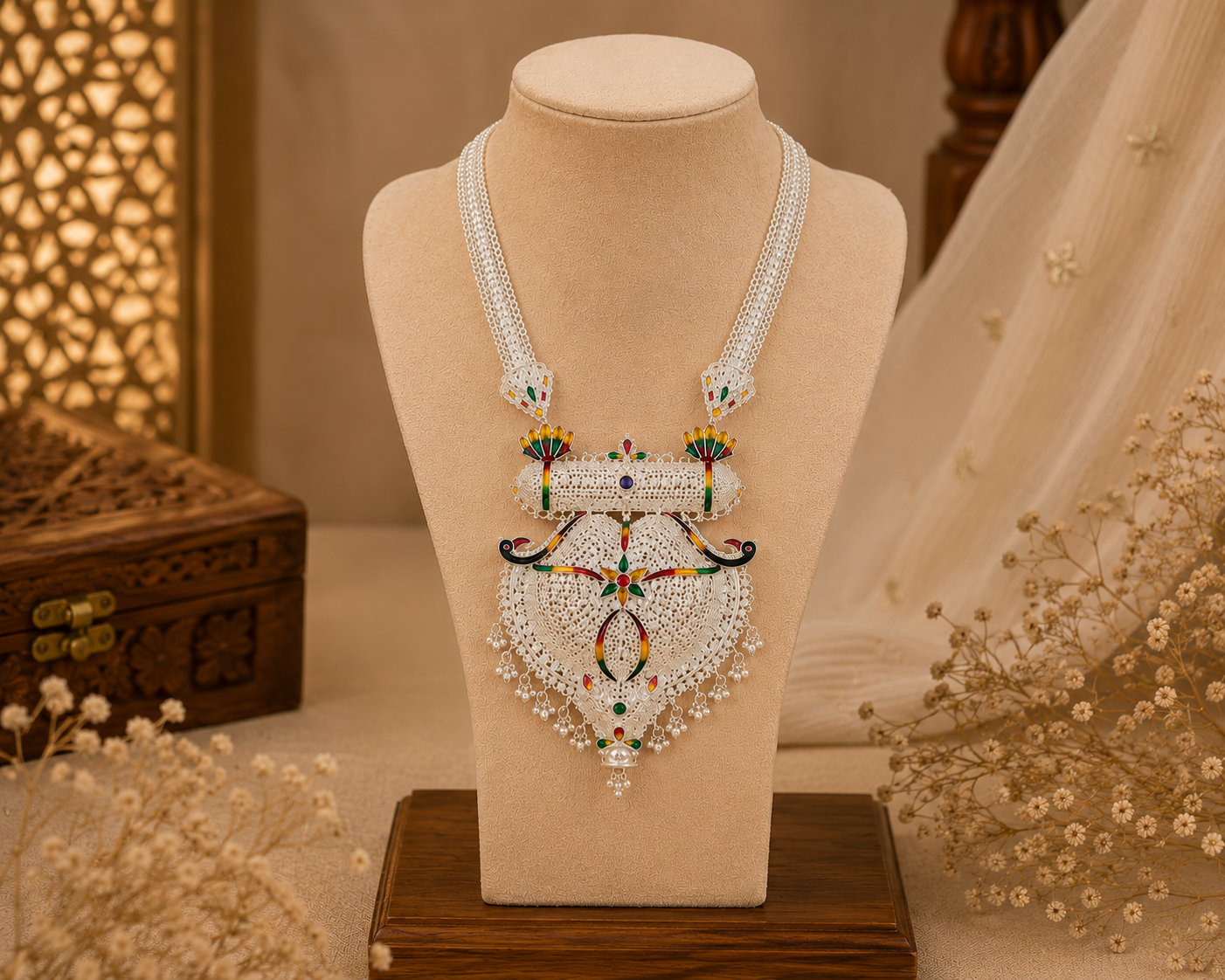 Traditional Silver Look Meenakari Filigree Statement Necklace