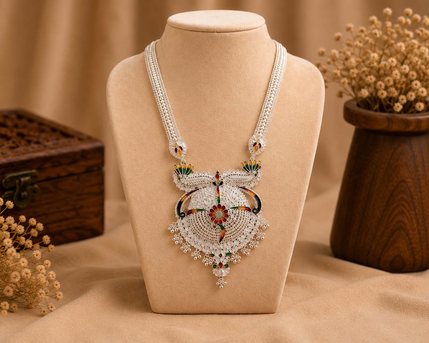 Traditional Silver Look Meenakari Pendant Necklace