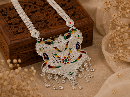 Traditional Silver Look Peacock Meenakari Filigree Necklace
