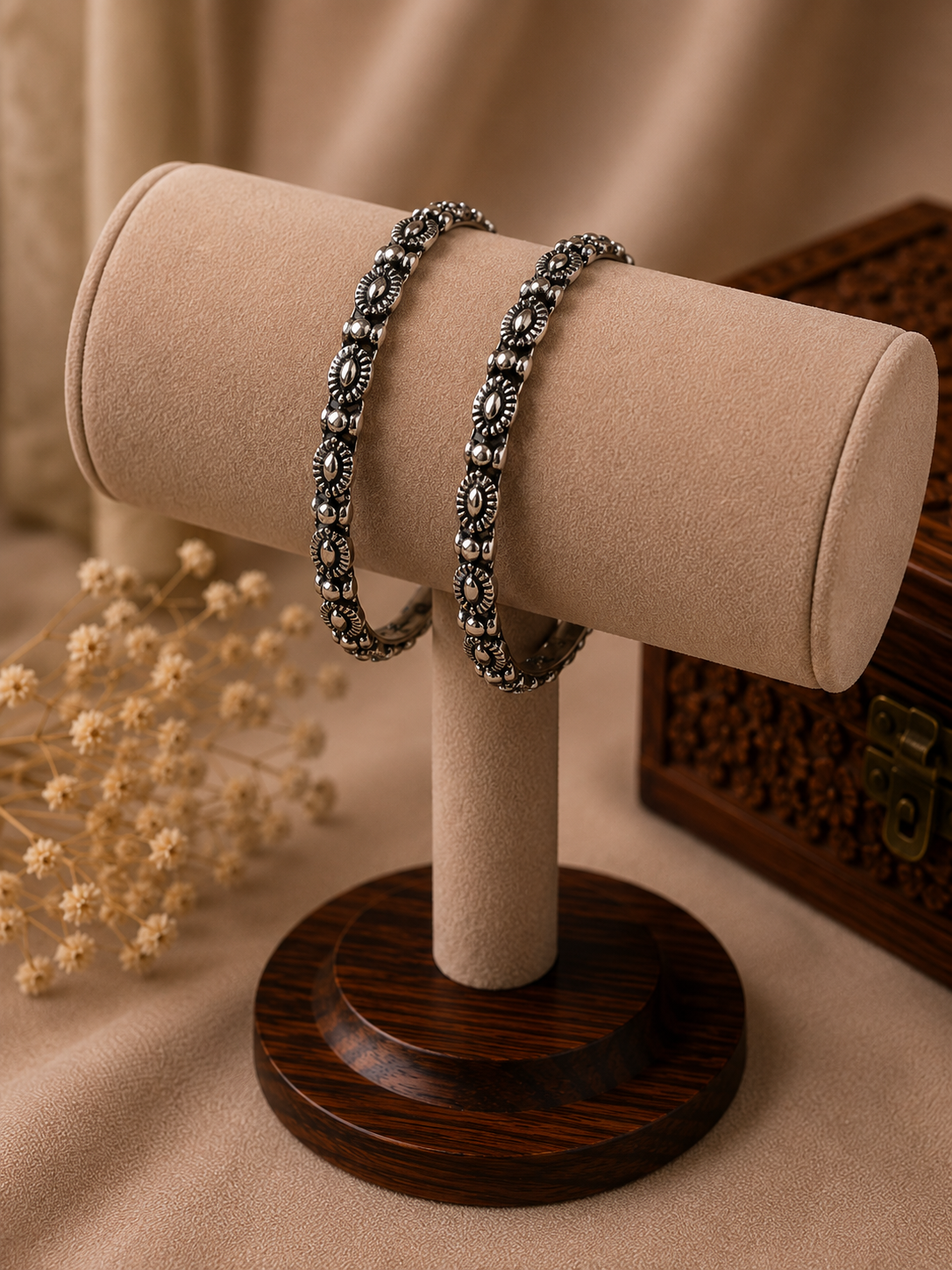 Midnight Bloom Oxidised Silver Bangles