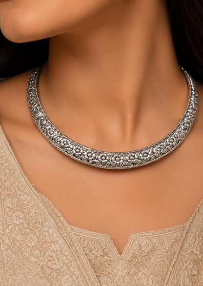 Rajwadi Bloom Oxidised Silver Hansli Necklace