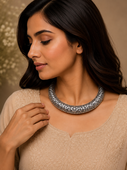 Maharani Floral Oxidised Silver Hansli Necklace