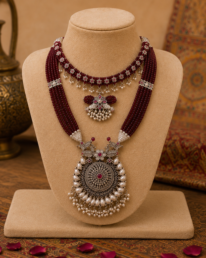 Maroon Beaded Oxidised Pearl Statement Necklace