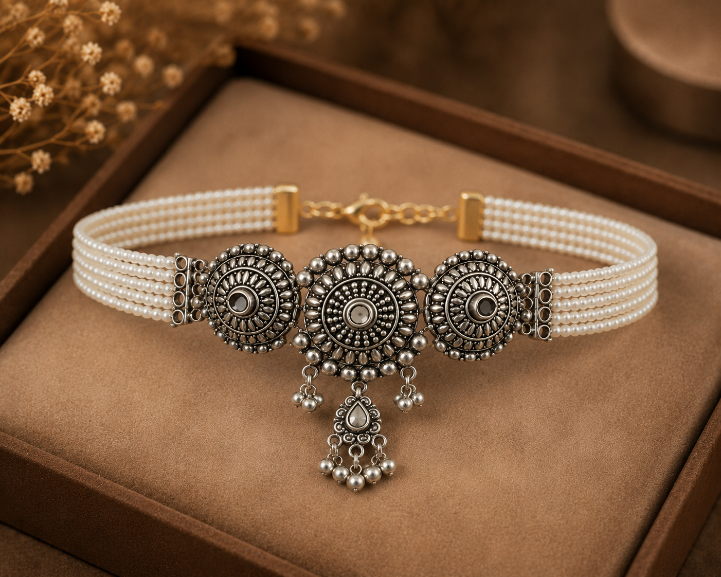 Oxidised Silver Pearl Beaded Choker Set