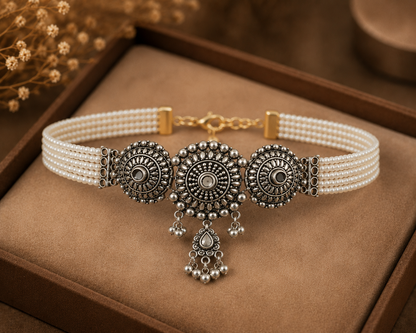 Oxidised Silver Pearl Beaded Choker Set