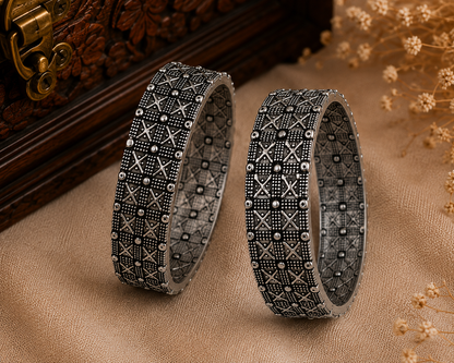 Oxidised Silver Geometric Pattern Bangle Set