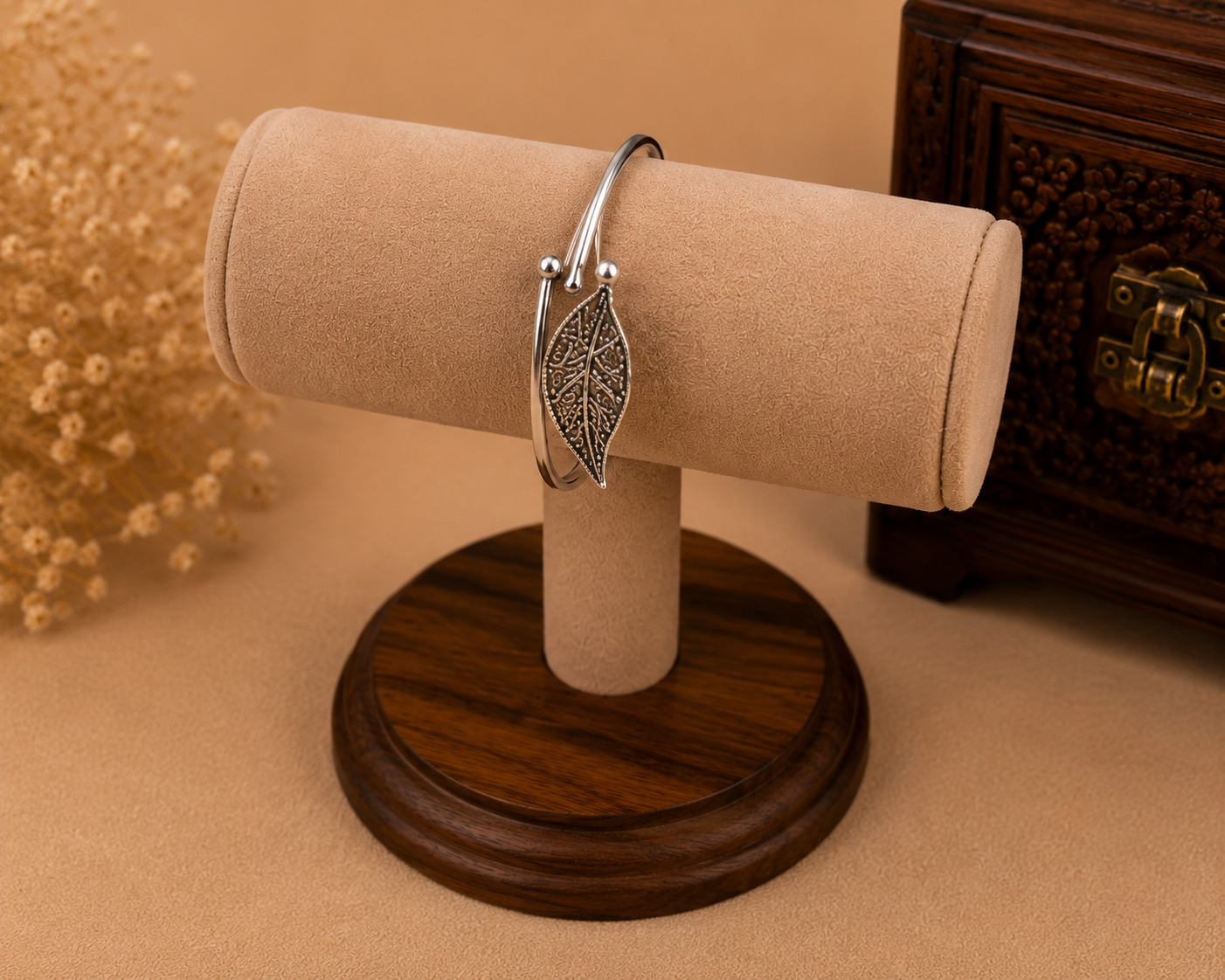 Oxidised Silver Leaf Design Open Cuff Bracelet
