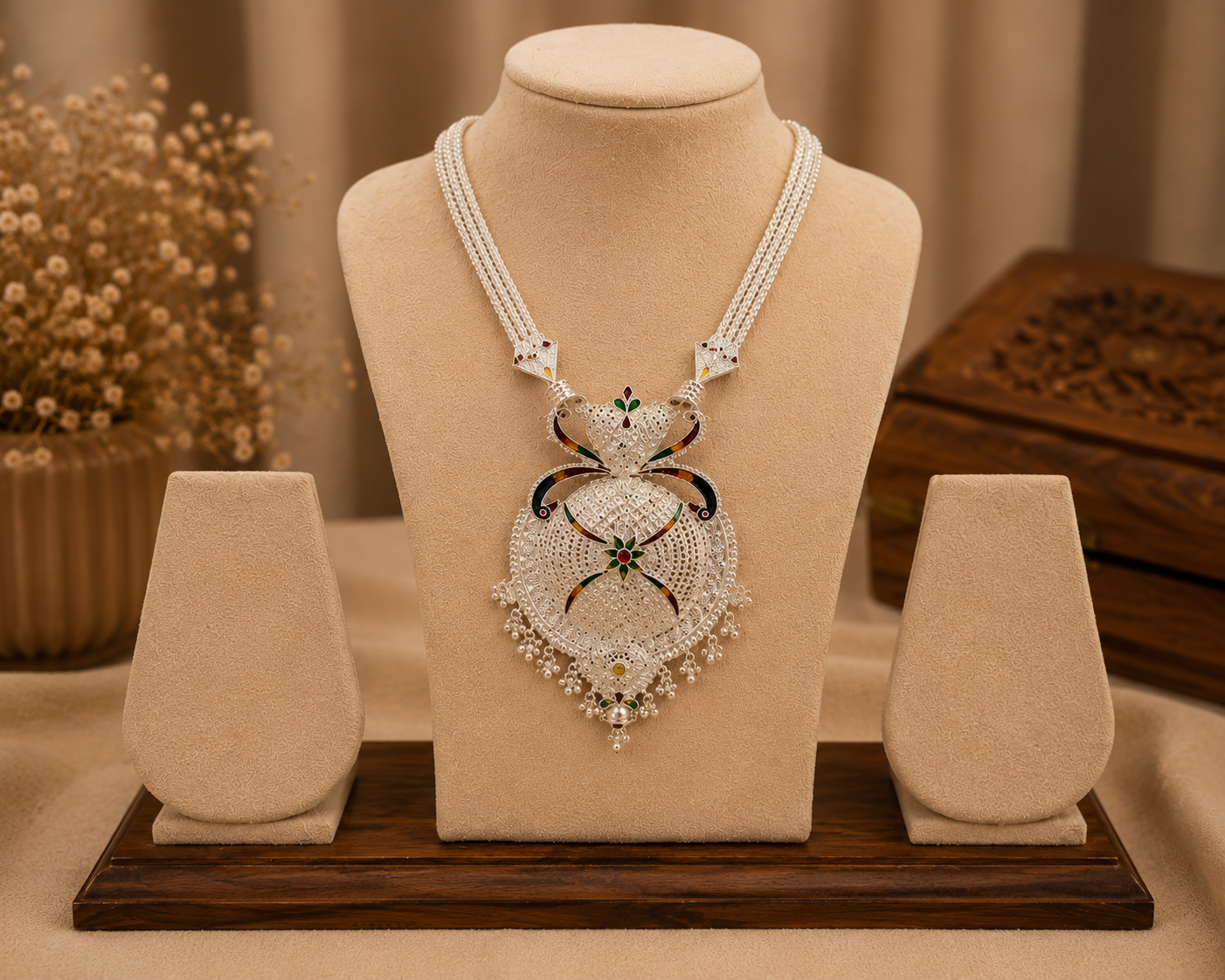 Traditional Silver Look Meenakari Statement Necklace