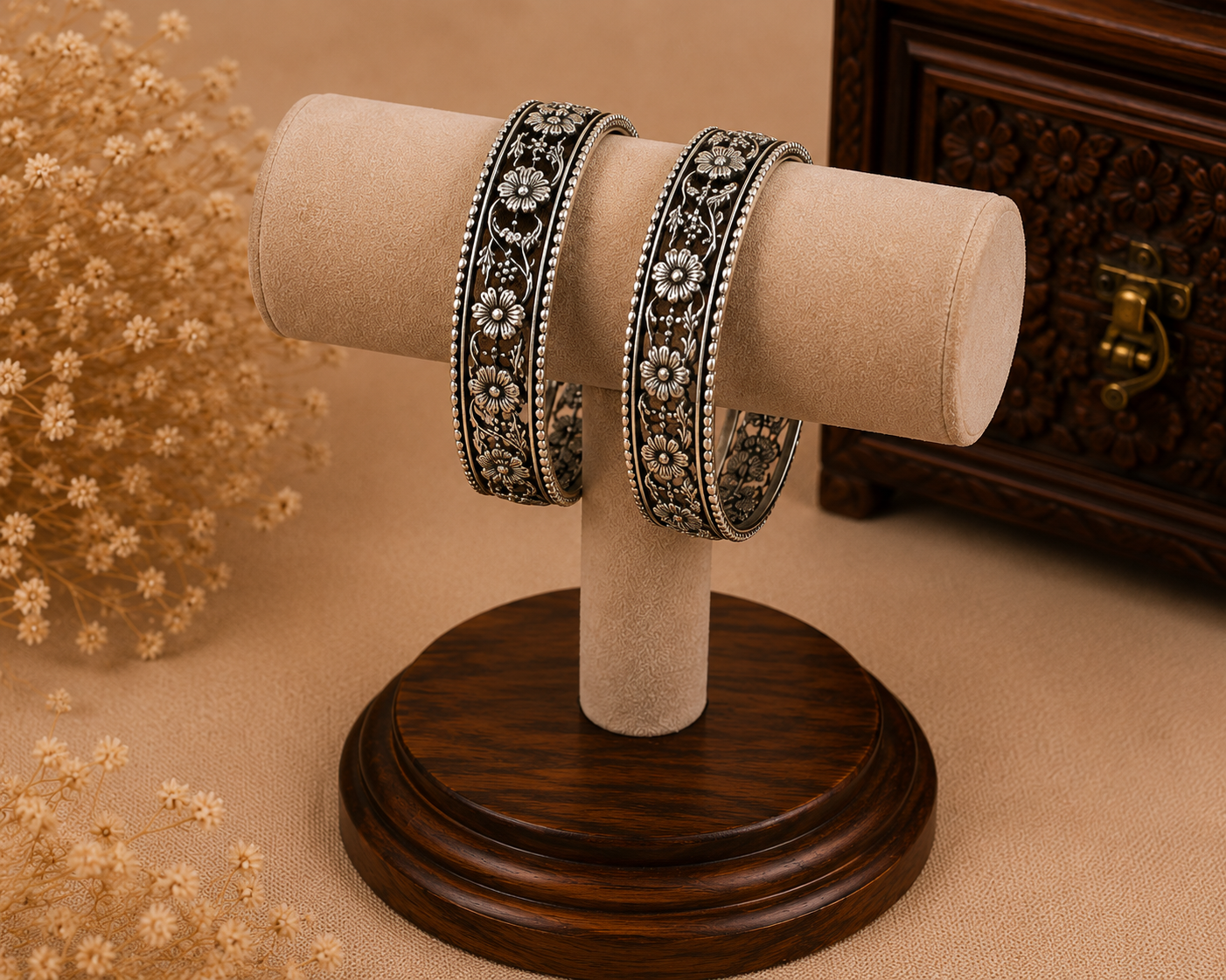 Antique Silver Floral Flexible Bracelet Set