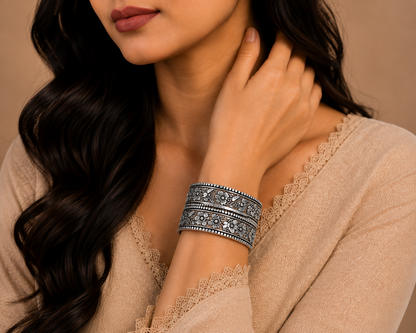 Vintage Floral Oxidised Silver Bangles
