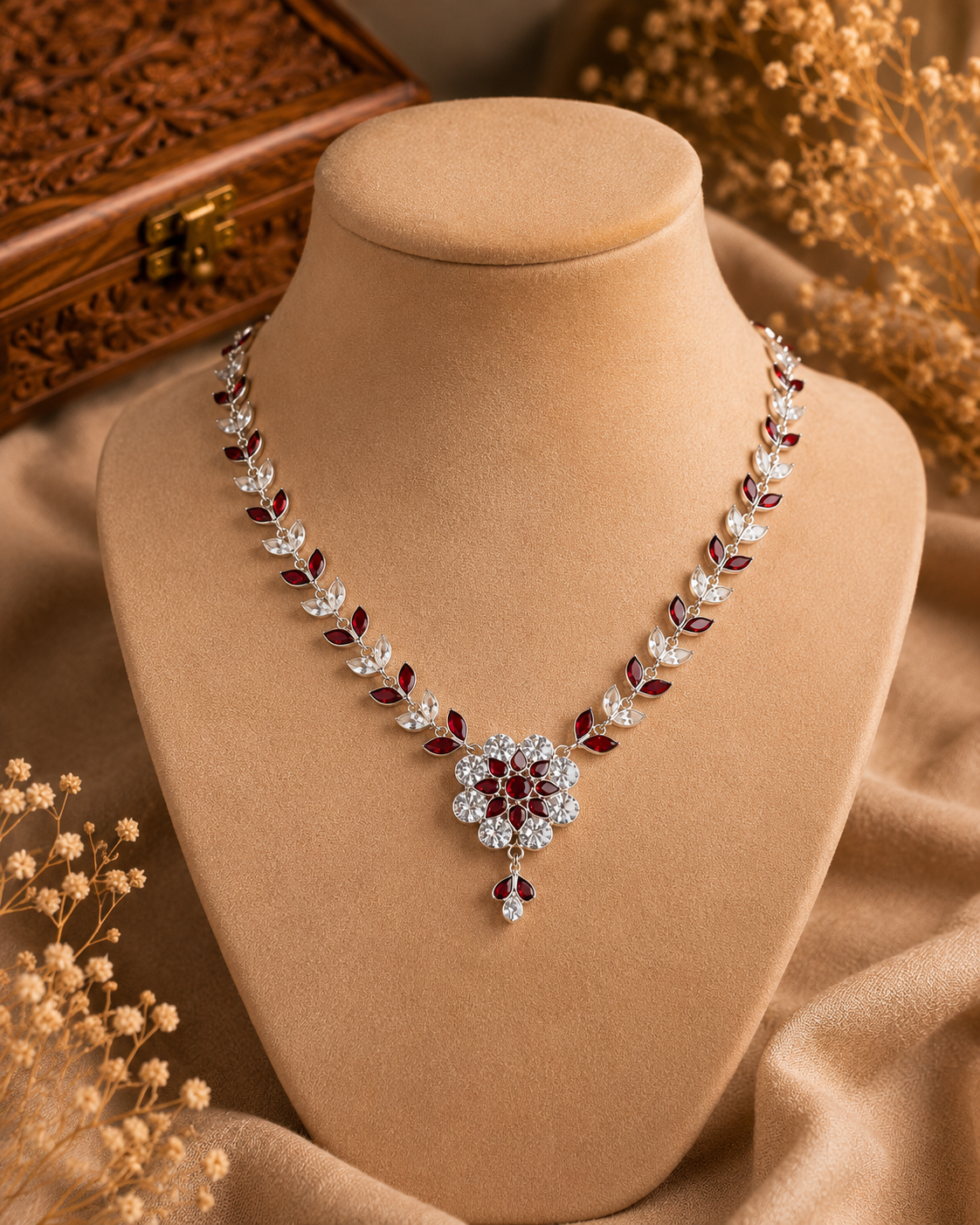 Ruby Leaf Floral Silver Necklace